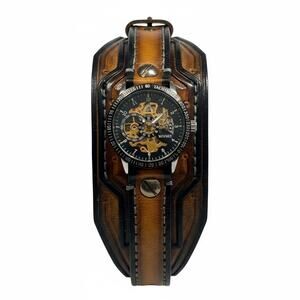 Winner Mechanical Skeleton Watch-Wide Leather Cuff Band-Steampunk-Mens-Gothic